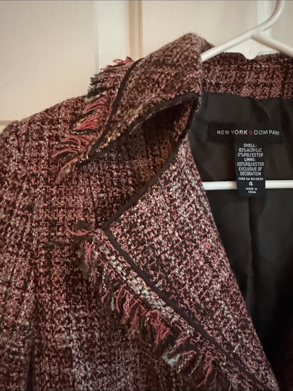 New York & Company Pink Tweed Fringe Trim Blazer - Picture 3 of 6